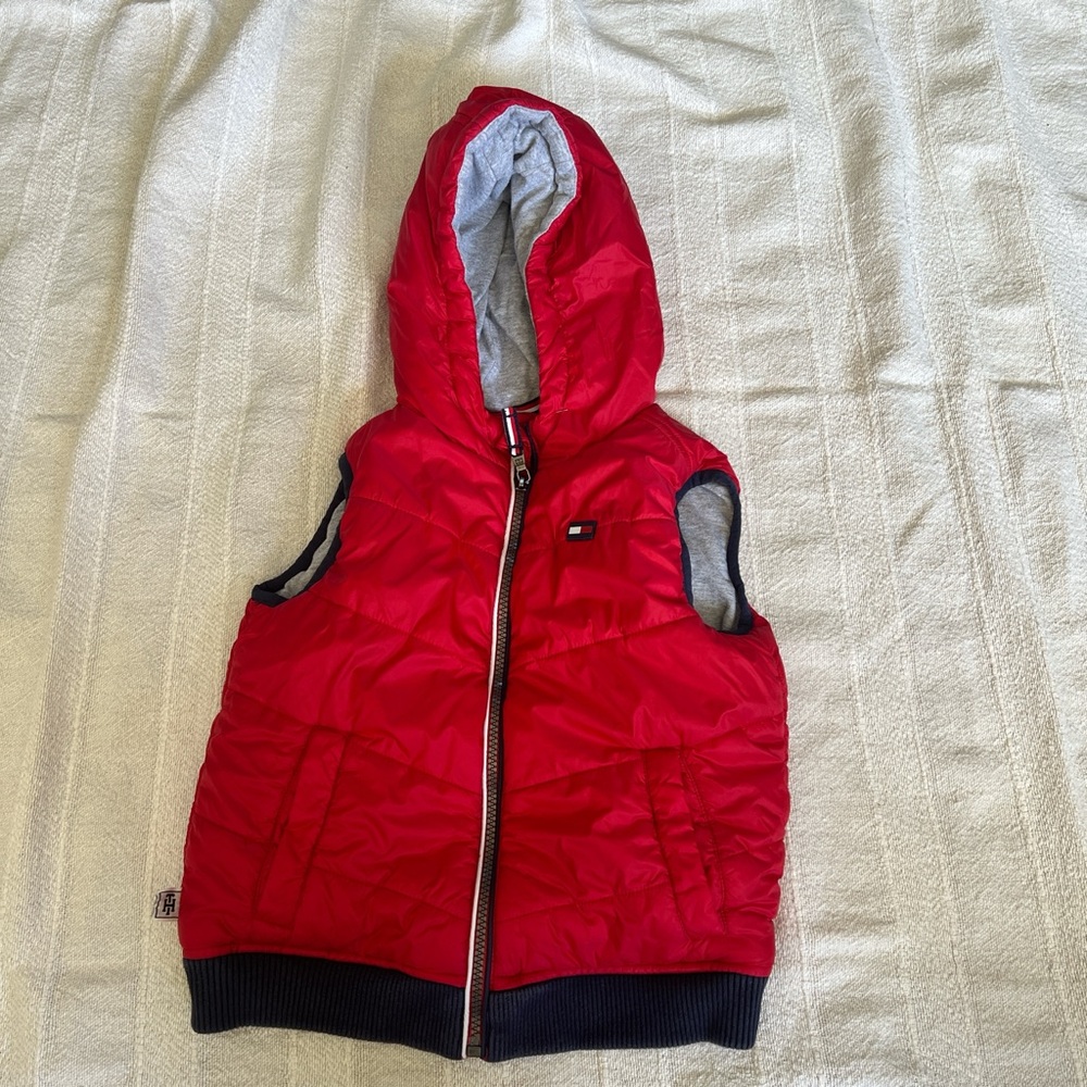 Tommy Hilfiger red, blue and grey hoodie vest with pockets